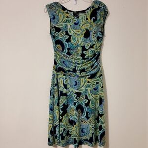 Enfocus Studio Multi Color Paisley Pint Sleeveless Ruched Fit & Flare Dress Sz 8